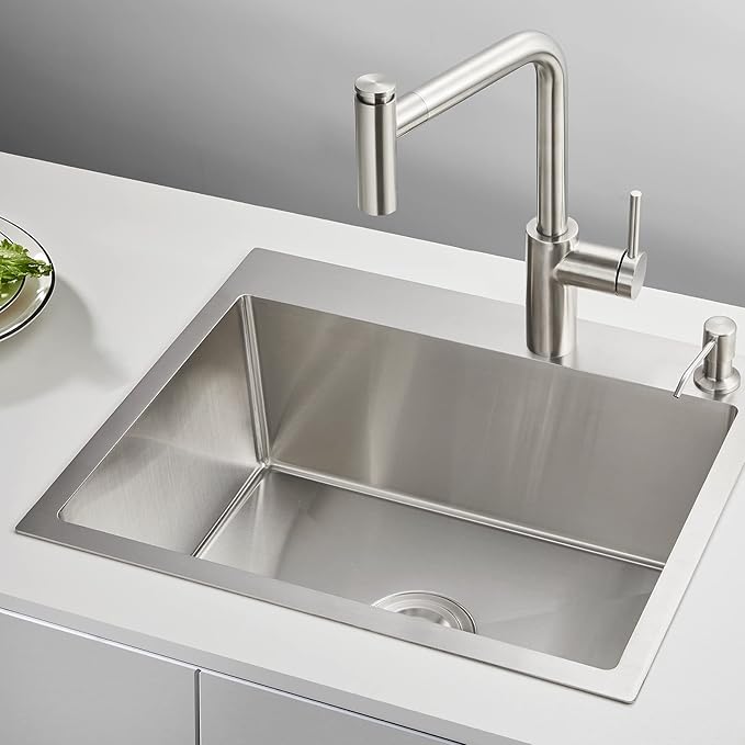 POPFLY 20×16 inch Drop In Kitchen Sink, 18 Gauge Stainless Steel Overmount Single Bowl Small Prep Bar Sink, Top mount Handmade Utility Deep Sinks with 2 Holes, Brushed Nickel