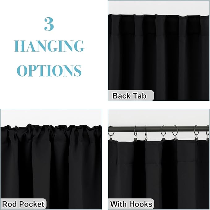 RYB HOME Small Window Curtains Blackout, Privacy Thermal Insulating Drapes for Bedroom Bathroom Basement Cafe Classroom Window Decor, W 34 x L 45 inches, Black, 2 Panels
