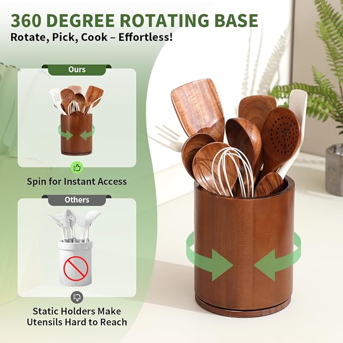 Wooden Utensil Holder, 360°Rotating 7.3'' Large Utensil Holder - Image 2