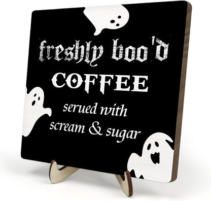Freshly Boo'd Coffee Wood Sign, Halloween Coffee Bar Decor, Scream Sugar Spooky by DMADNF