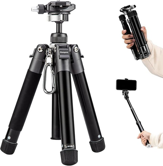 Fotopro Mini Tripod, 60" Lightweight Compact Travel Tripod with 360 Degree Ball Head Phone Mount Detachable Selfie Stick, Camera Phone Tripod Max Load up to 8.8 lbs, Free-1 Grey