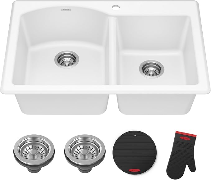 KRAUS Forteza 33-inch Granite Drop In/Undermount 60/40 Double Bowl White Kitchen Sink, KGD-50WHITE