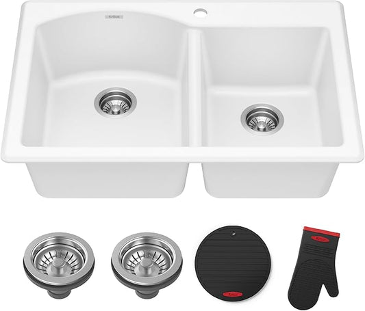 KRAUS Forteza 33-inch Granite Drop In/Undermount 60/40 Double Bowl White Kitchen Sink, KGD-50WHITE