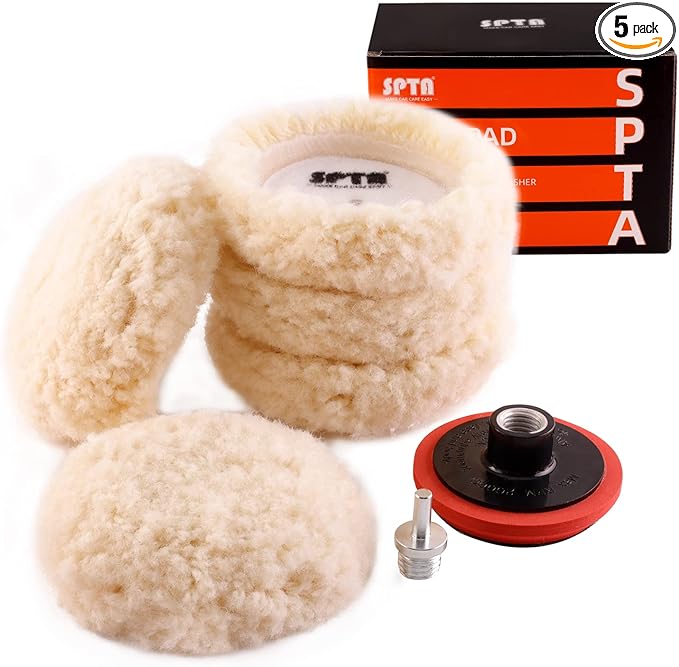 SPTA Wool Polishing Pad, 5Pcs 3"(75mm) 100% Natural Wool Buffing Pad with 1Pc Hook&Loop Backing Pad, 1Pc Extension Shank for Drill Polisher Cutting, Car Body Repair Buffing