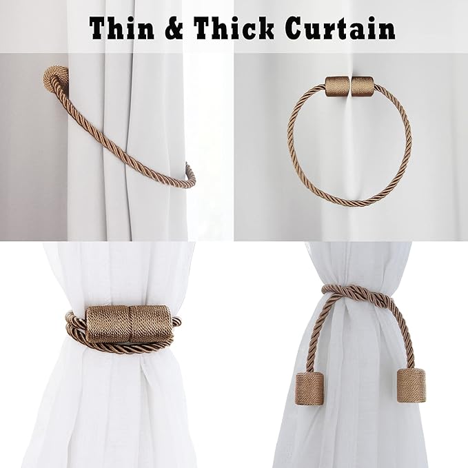 2 Pack Strong Magnetic Curtain Tiebacks Outdoor Elegant Decorative Tie Backs Modern Rope Tiebacks for Drapes Window Curtain Holdbacks for Draperies- Khaki