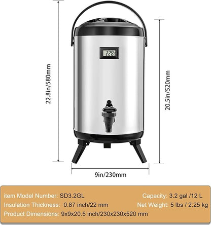 3.2 Gal/12L Non-Electric Insulated Beverage Dispenser, Stainless Steel Thermal - Image 3