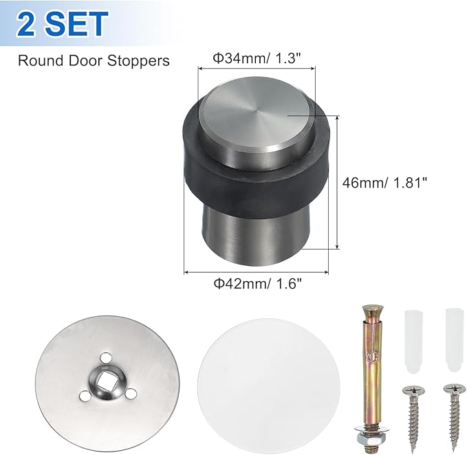 PATIKIL 2Set Round Door Stoppers, 46mm Stainless Steel Door Stop Doorstop Wedge Metal Cylinder Self Adhesive with Screw for Bottom of Door Floor Inside, Gray