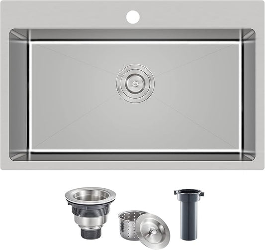 POPFLY 28×20 Inch Drop In SUS 304 Kitchen Sink, Top mount Stainless Steel 9 Inch Deep Single Bowl Kitchen Sinks, Brushed Nickel