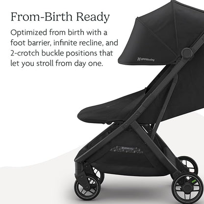 UPPAbaby Minu V3 Travel Stroller | Lightweight + Compact Design | One-Hand Fold + Unfold | from Birth + Overhead Compatible | Jake (Charcoal/Carbon Frame/Black Leather)