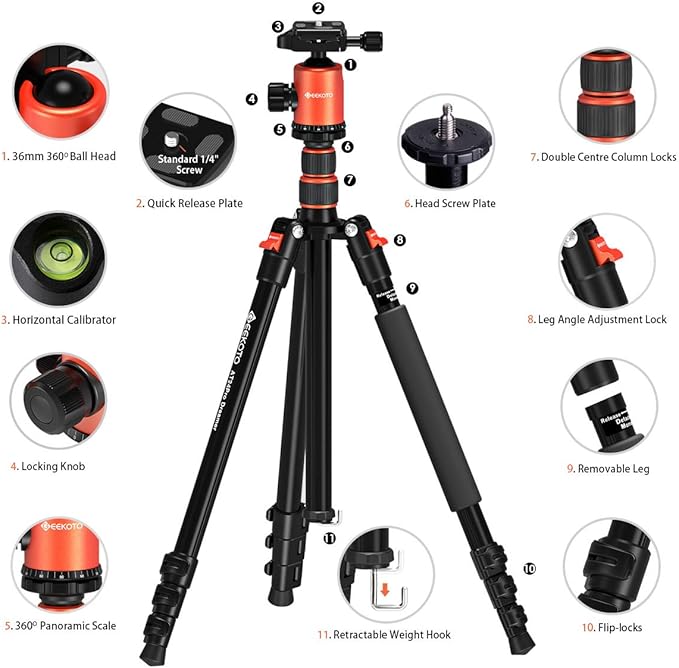 GEEKOTO 77’’ Tripod, Camera Tripod for DSLR, Compact Aluminum Tripod with 360 Degree Ball Head and 8kgs Load for Travel and Work