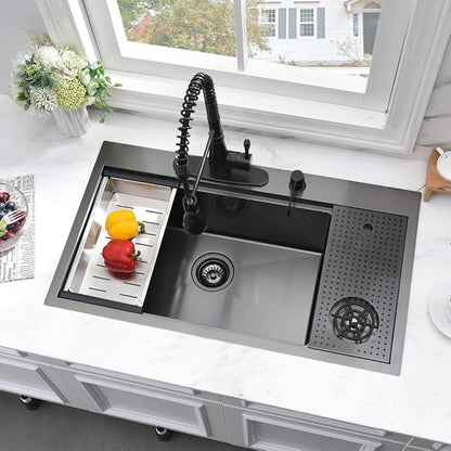 33 Inch Black Drop In Kitchen Sink with Glass Rinser-Bokaiya 33x19 Drop In Sink Stainless Steel Ledge Workstation 16 Gauge Single Bowl Deep Kitchen Sinks with Cup Washer