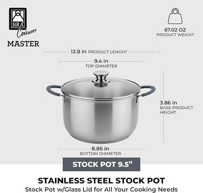 BRA COOKWARE Master Stainless Steel Stock Pot w/Glass Lid | 9.5 Inch 4 Quart - Image 2
