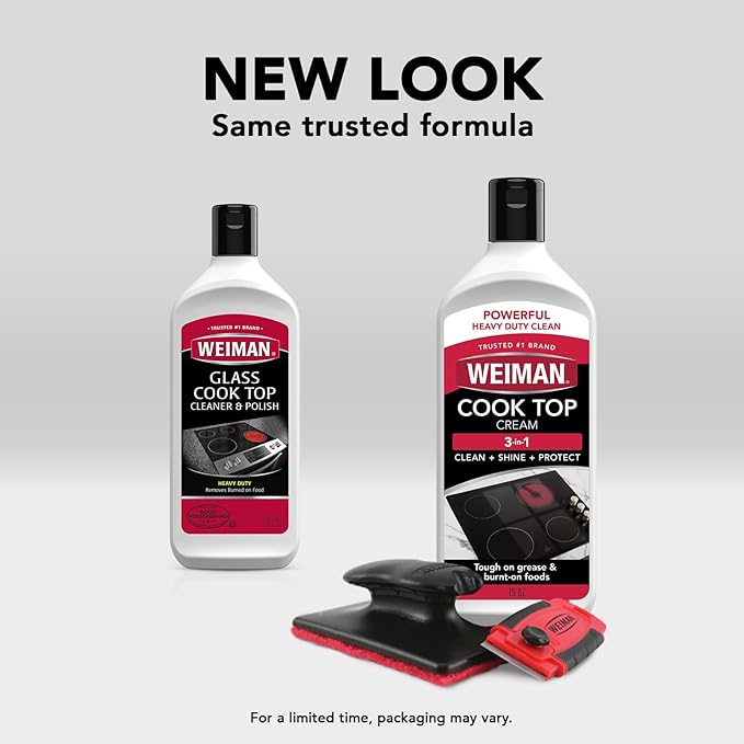 Weiman Cooktop and Stove Top Cleaner Kit - Glass Cook Top Cleaner and Polish 10 oz. Scrubbing Pad, Cleaning Tool, Razor, Scraper