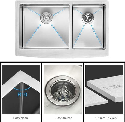 Lordear 36 Inch Double Bowl Farmhouse Kitchen Sink 36"x20-3/4"x10" Double Basin Undermount Farmhouse Kitchen Sinks 60/40 Apron Front 16 Gauge Farm Sinks