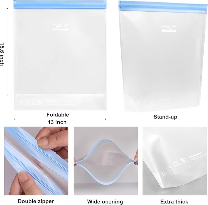SPLF 6 Pack Stand-Up Reusable 2 Gallon Freezer Bags Dishwasher Safe, Reusable Freezer Bags 2 Gallon, Leakproof BPA Free Food Storage Bags for Marinate Meat, Veggies, Homemade Bread, Snack, Travel Item