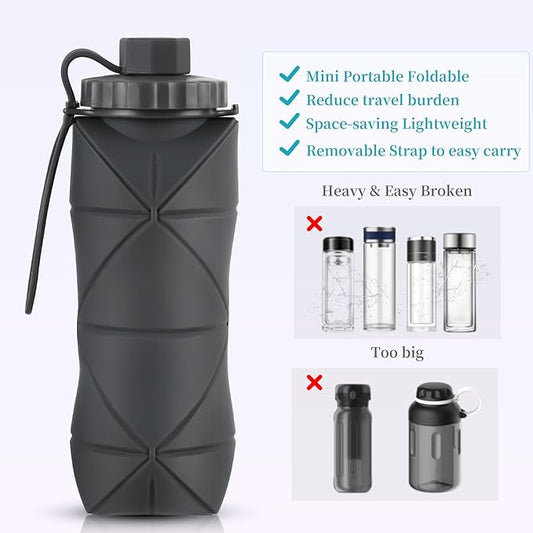 Silicone Collapsible Water Bottles,Lightweight Reusable Leakproof For Traveling Camping Hiking Cycling Sports Outdoor,Foldable Portable Travel Water Bottle 600ML Dark Grey 1Pack.