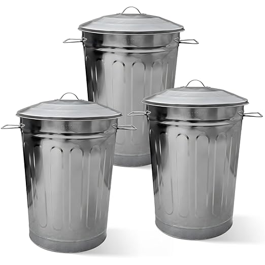 Plexon Round Trash Can 13 Gallon, Vintage Metal Outdoor Trash Can with Lid, Retro Farmhouse Garbage Container, Old School Modern Ash Bucket, Galvanized Steel 3 Pack