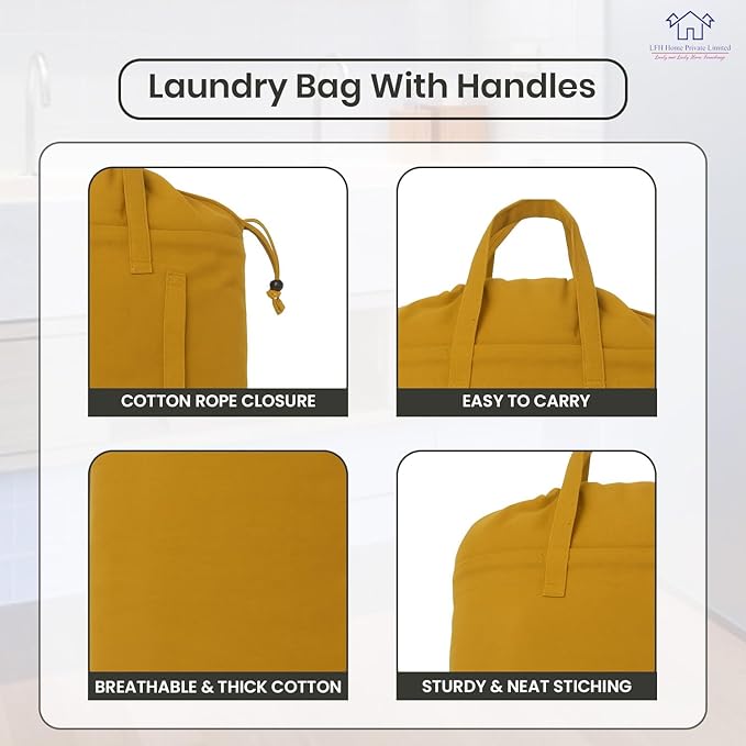 LFH Home Cotton Canvas Large Laundry Bag with Handle, Heavy Duty Drawstring Closure Washable Laundry Bags, School Travel, Home, Hotel, College Dorm, Organizer Sack, Toys Clothes 24x36-Yellow
