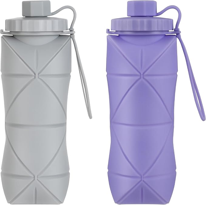 YCT Collapsible Silicone Travel Water Bottle 20oz (600ml), Reuseable Leakproof BPA Free Foldable Sports Bottle, with Carrying Strap, Light Gray + Purple