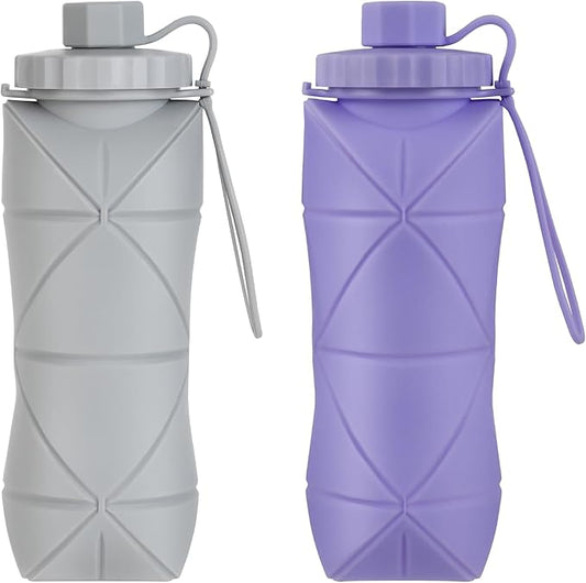 YCT Collapsible Silicone Travel Water Bottle 20oz (600ml), Reuseable Leakproof BPA Free Foldable Sports Bottle, with Carrying Strap, Light Gray + Purple