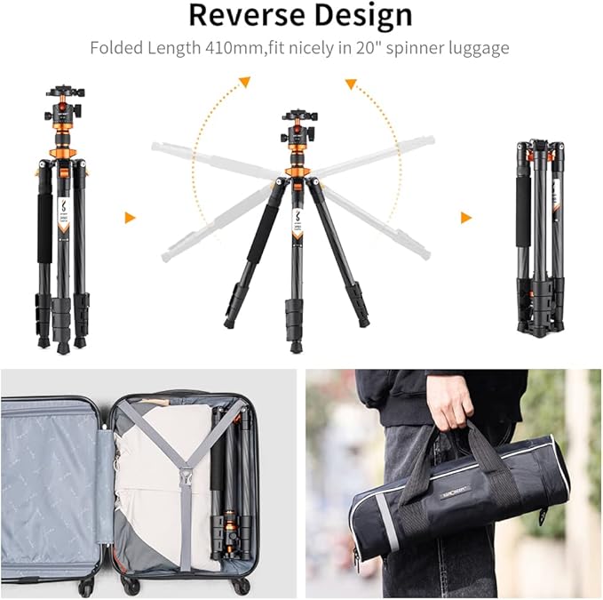 K&F Concept 63" Carbon Fiber Camera Tripods,D254C1+BH-28L Compact Tripod with Detachable Monopod, Metal Ball Head 22lbsLoad Capacity with Quick Release Plate for SLR DSLR Digital Camera/Camcorder