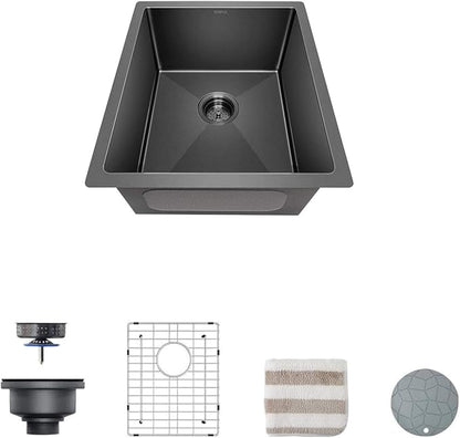 TORVA 17-Inch Gloss Black Ceramic Coating with NanoTek Undermount Kitchen Sink, PVD Coated Gunmetal Sink,16 Gauge Stainless Steel Single Bowl - 17 x 19 x 9 Inch Deep Bar/Prep Basin, Dark Gray