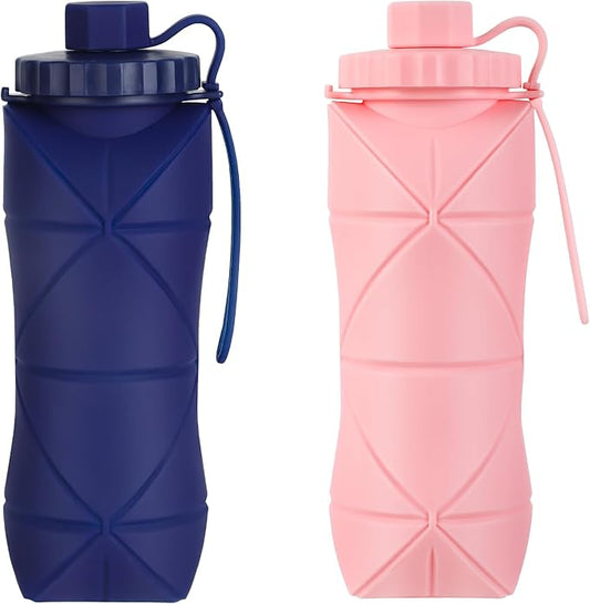 YCT Collapsible Silicone Travel Water Bottle 20oz (600ml), Reuseable Leakproof BPA Free Foldable Sports Bottle, with Carrying Strap, Dark Blue + Pink