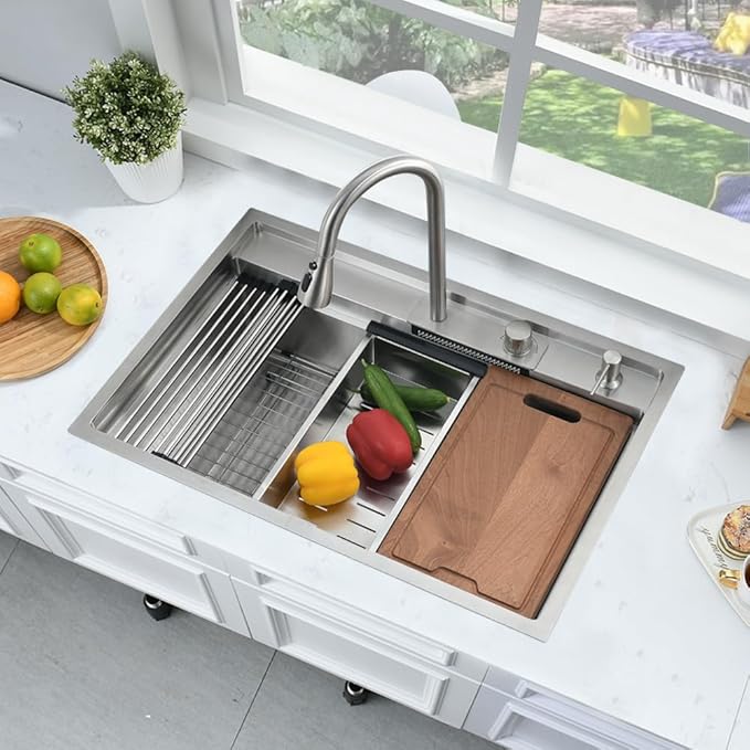 33 Inch Drop In Waterfall Kitchen Sink Workstation-Bokaiya 33x19 Drop In Kitchen Sink with Faucet Combo Stainless Steel Waterfall Sink Top Mount 16 Gauge 10" Deep Single Bowl Kitchen Sinks