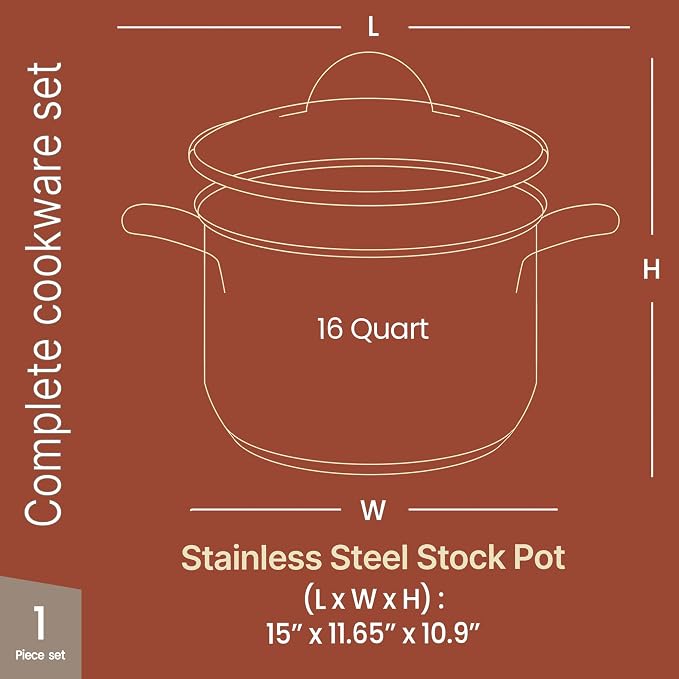Stainless Steel Stockpot with Tempered Glass Lid 16 Quart, Durable 18/0 - Image 2