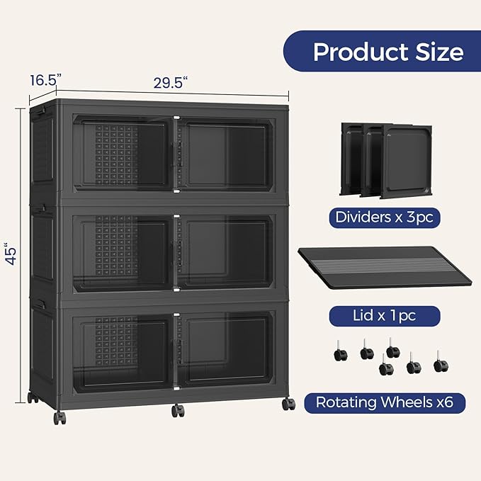 120GAL Extra Large Storage Bins with Lid, 480Qt Stackable Closet Organizers and Drawers, Collapsible Storage Bins with Wheels, Folding Storages Cabinet for Home Bedroom Office, 3Pack Black