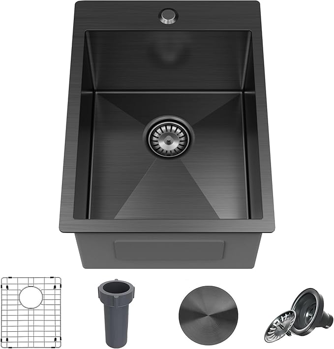 15 x 20 Inch Black Drop In Kitchen Sink - Single Bowl Topmount Bar Prep Sink - 18 Gauge Stainless Steel with Grid and Basket Strainer