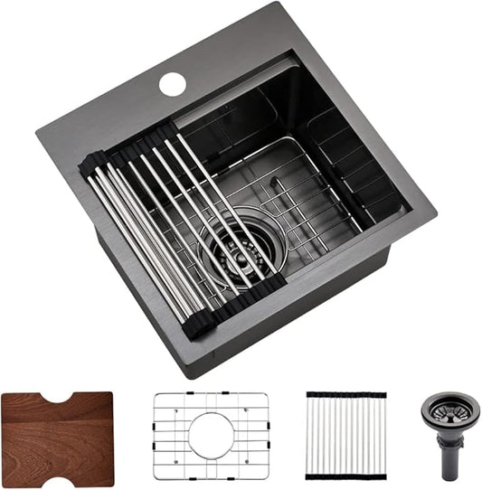 15 Inch Black Bar Sink Drop In Workstation-Bokaiya 15x15 Drop In Bar Sink Small Kitchen Outdoor Rv Sink 16 Gauge Black Stainless Steel Single Bowl Kitchen Sinks with Cutting Board