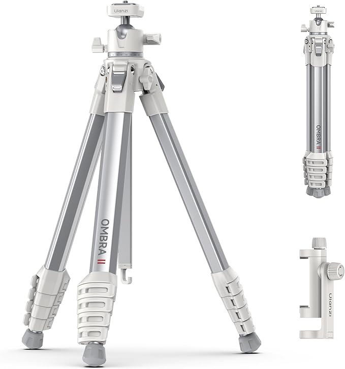ULANZI Ombra Ⅱ Camera Travel Tripod White, 61.5" Aluminum Tripod Foldable with UKA Quick Release Plate for Phone Sony Canon, Video Shooting Vlogging Portable Stand w Phone Clamp Holder Carry Bag