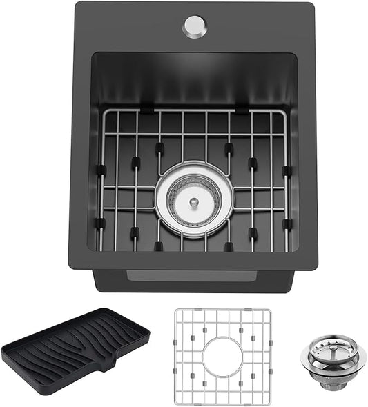 Small Black Kitchen Sink,13x15 Inch Stainless Steel Drop In Topmount Kitchen And Bar Sink Ideal Choice For Small Space, Prep Area, RV With Bottom Grid,Soap Mat And Drain Assembly