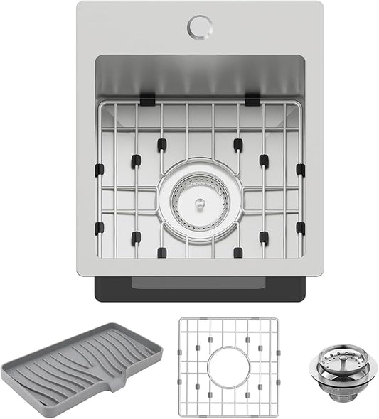Small Kitchen Sink,13x15 Inch Bar Sink Stainless Steel Drop In Small Kitchen Sink Ideal Choice For Small Space Nice As Toprmount Prep Sink,RV Kitchen Sink With Bottom Grid,Soap Mat And Drain Assembly