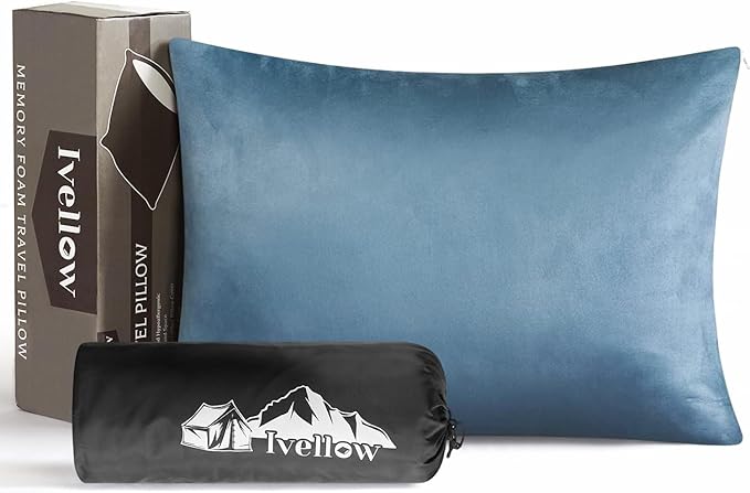 Ivellow Memory Foam Travel Pillow Compressible Camping Pillow for Sleeping Shredded Memory Foam Pillow Compact Firm Supportive Travel Pillow for Adults Kids Outdoor Hiking Essential Gear Blue-M