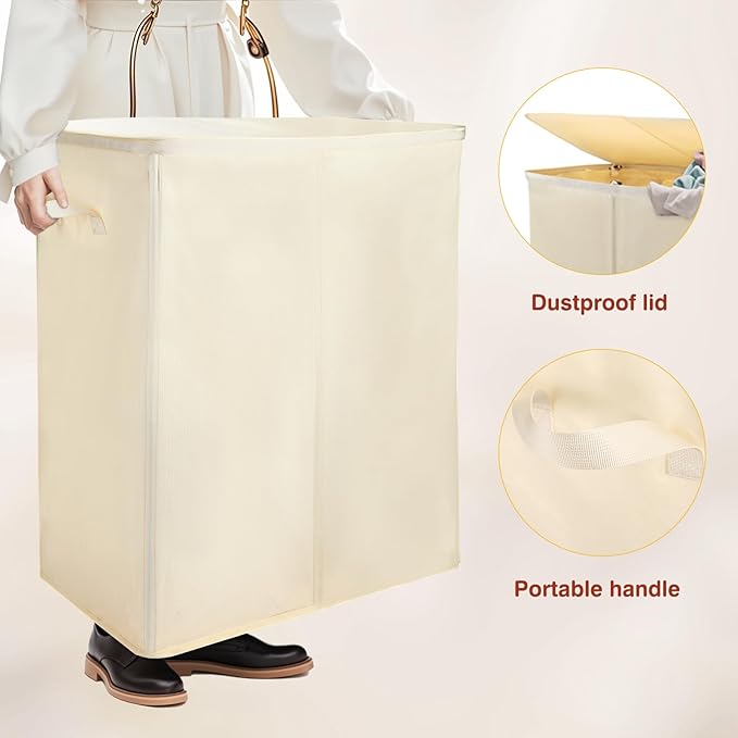 Voova 154L Double Laundry Hamper with Lid and 2 Removable Laundry Bags, Large Collapsible 2 Dividers Dirty Clothes Basket with Handles for Laundry Room, Bedroom, Bathroom, College Dorm, Beige