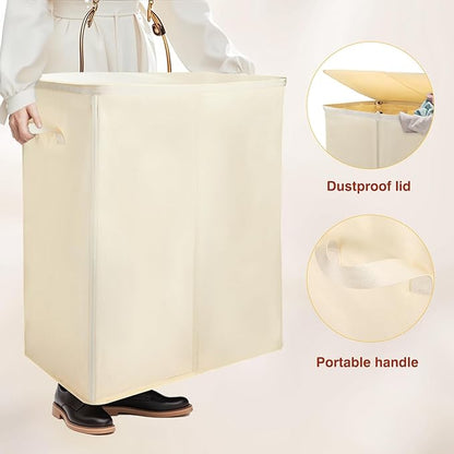 Voova 154L Double Laundry Hamper with Lid and 2 Removable Laundry Bags, Large Collapsible 2 Dividers Dirty Clothes Basket with Handles for Laundry Room, Bedroom, Bathroom, College Dorm, Beige