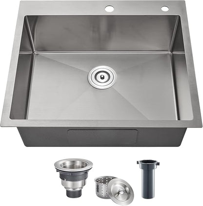 POPFLY 25×18 Inch Drop in Kitchen Sink, 18 Guage Stainless Steel 9 Inch Deep Sink, 25 Inch Top mount Kitchen Single Bowl 2 Holes Sink, Brushed Nickel