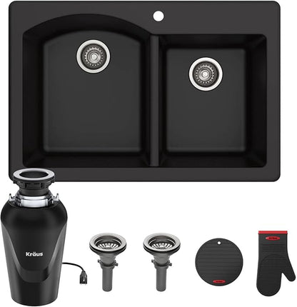 KRAUS Forteza™ 33” Dual Mount 60/40 Double Bowl Granite Kitchen Sink in Black with WasteGuard™ Continuous Feed Garbage Disposal, KGD-50BL-100-75MB