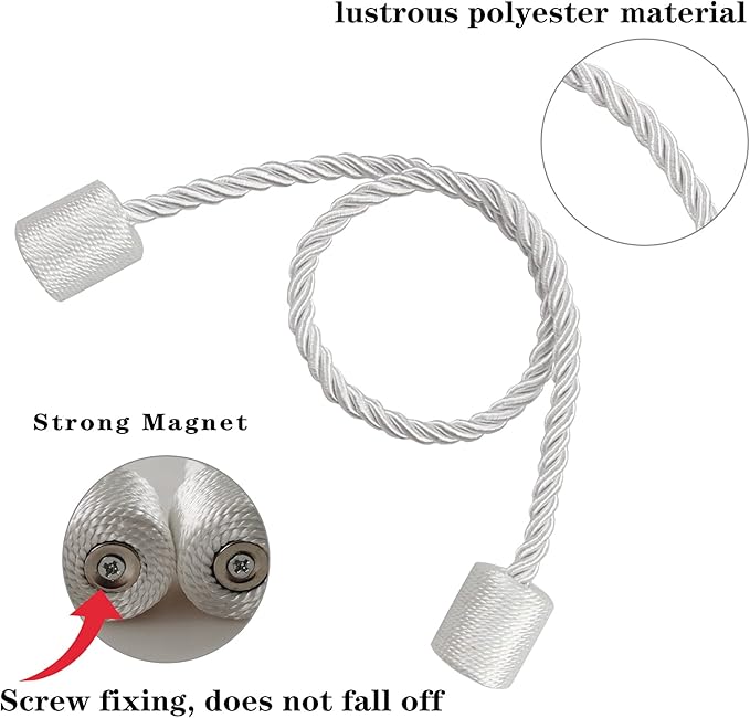 6 Pack White Strong Magnetic Curtain Tiebacks Outdoor Elegant Decorative Tie Backs Modern Rope Tiebacks for Drapes Window Curtain Holdbacks for Draperies