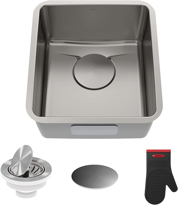 KRAUS Dex 17-Inch Undermount Single Bowl TRU16 Gauge Stainless Steel Kitchen Bar Sink with DrainAssure WaterWay and VersiDrain Assembly in Radiant Pearl Finish, KD1US17B