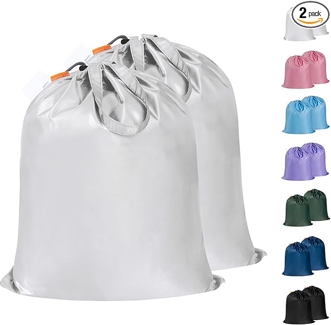 Polecasa Small Heavy Duty Laundry Bag with drawstring closure and Reinforced Handles, Easy to Carry Dirty Clothes Drawstring Bag for Travel, Camp 2 Pack 21”x24”, Silver