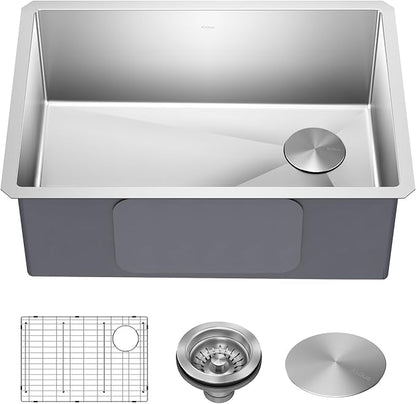 Kraus KHU110-27 Standart PRO 27-inch 16 Gauge Undermount Single Bowl Set (5 Item Bundle: Sink, Bottom Grid, Assembly, Drain Cap, Kitchen Towel), 27 Inch, Stainless Steel