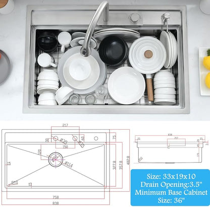 33 Inch Drop In Waterfall Kitchen Sink Workstation-Bokaiya 33x19 Drop In Kitchen Sink with Faucet Combo Stainless Steel Waterfall Sink Top Mount 16 Gauge 10" Deep Single Bowl Kitchen Sinks