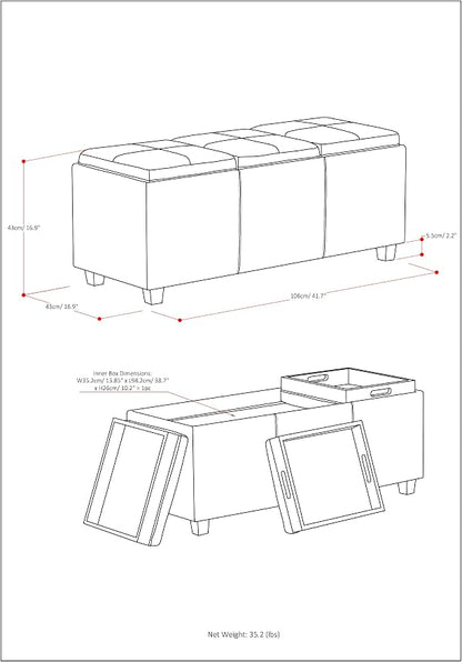SIMPLIHOME Avalon 42 inch Wide Contemporary Rectangle Storage Ottoman in Stone - Image 3