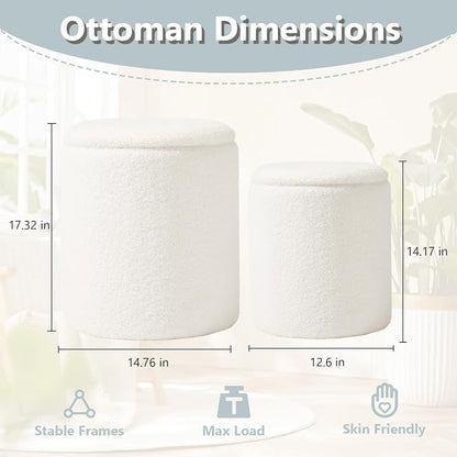 Boucle Round Ottoman with Storage Set of 2, Small Foot Stool Ottoman - Image 2