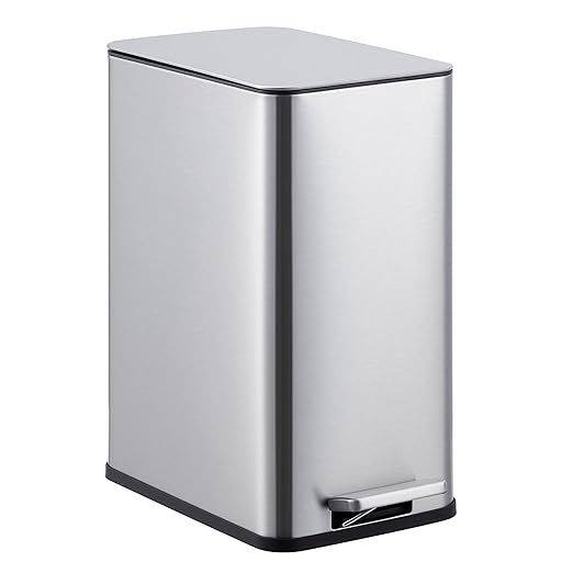 2.6 Gallon Kitchen Trash Can, Stainless Steel Garbage Can with Soft-Close Lid, Step Rubbish Bin with Removable Inner Bucket, Narrow Recycle Bins for Kitchen, Bathroom, Bedroom