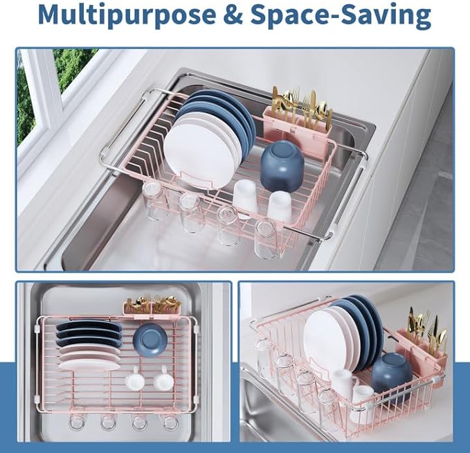 Over the Sink Expandable Dish Drainer Drying Rack In Stainless Steel for Small Kitchen, Counter Space Saving Compact Metal Above Plate Dryer Strainer, Pink Adjustable Hanging Inside Drain Holder