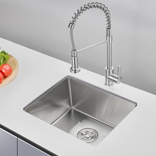 24 inch Undermount Kitchen Sink, 24 x 18 inch Single Bowl Stainless Steel Handmade Undermount Kitchen Sink with Sink Strainer, Brushed